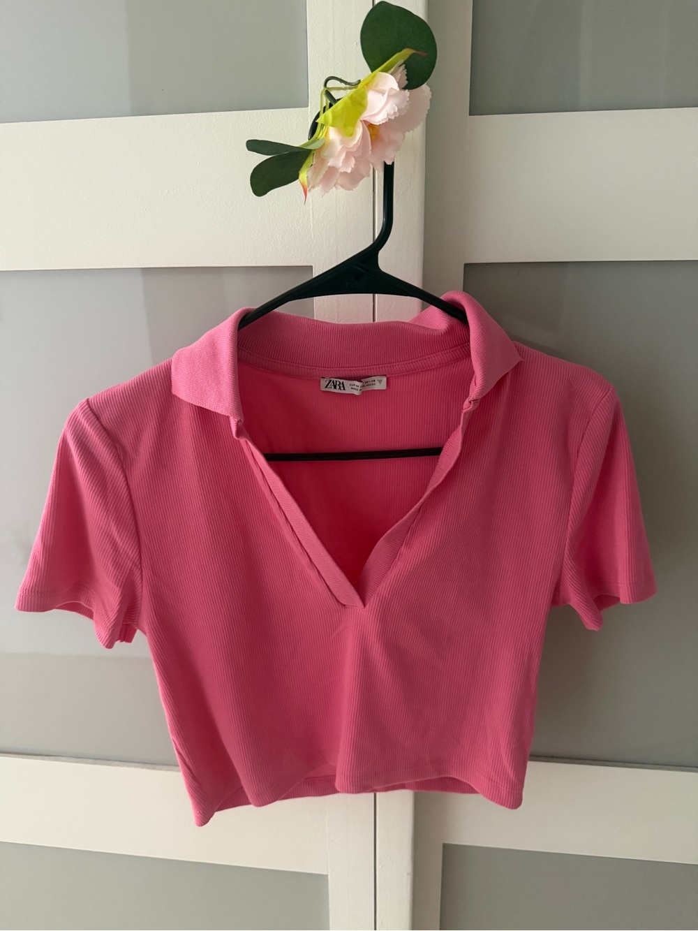 ZARA Pink Ribbed Polo-Style Crop Top